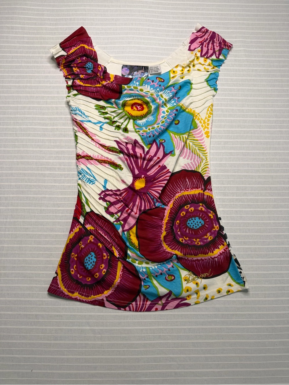 Desigual Floral Mixed Print Ruched Top – Size Small 🌸
